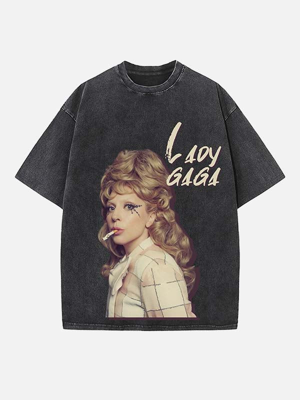 Lady Gaga Print Round Neck T-shirt