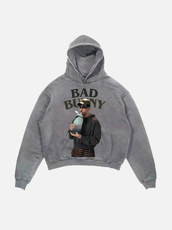 Bad Bunny Print Slant Pockets Hoodie