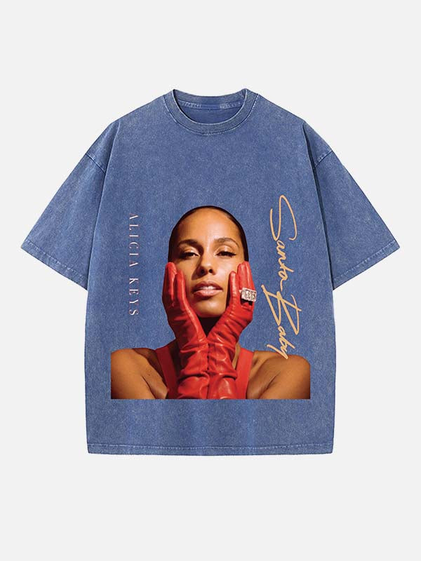 Alicia Keys Print Round Neck T-shirt