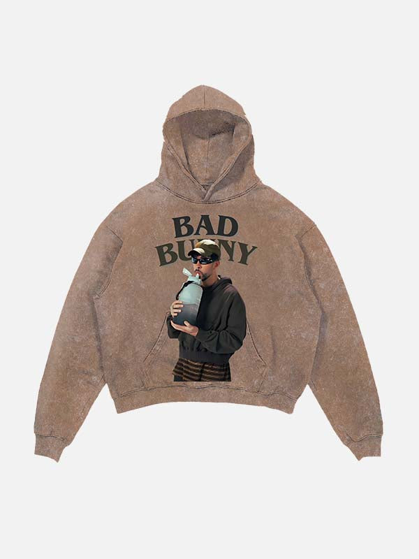 Bad Bunny Print Slant Pockets Hoodie