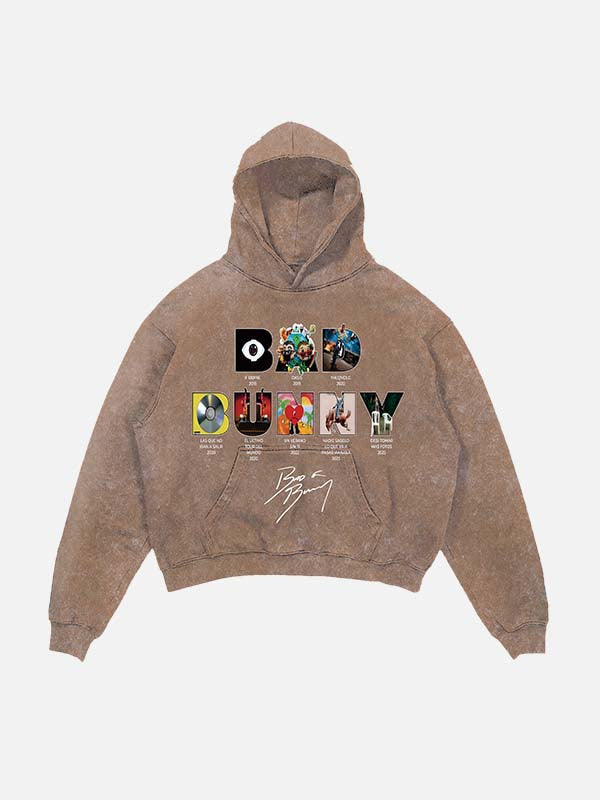 Bad Bunny Print Slant Pockets Hoodie