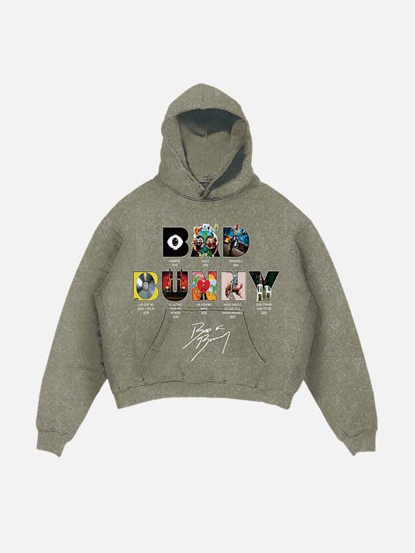 Bad Bunny Print Slant Pockets Hoodie